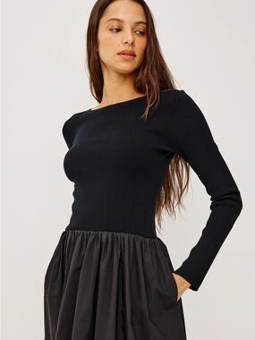Rails Black Long-Sleeve Knit Dress with Gathered Skirt